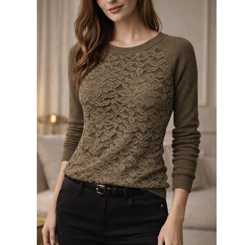 LOFT Olive Green Lace Front Sweater XS Fitted Crewneck Floral Minimalist Top